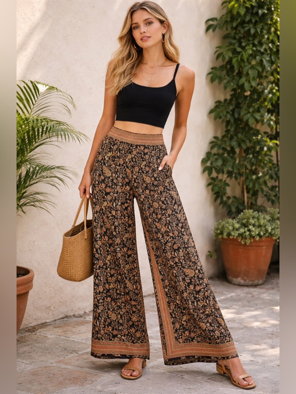 Boho Chic Black & Gold Paisley Palazzo Pants, Wide Leg, Made in Italy